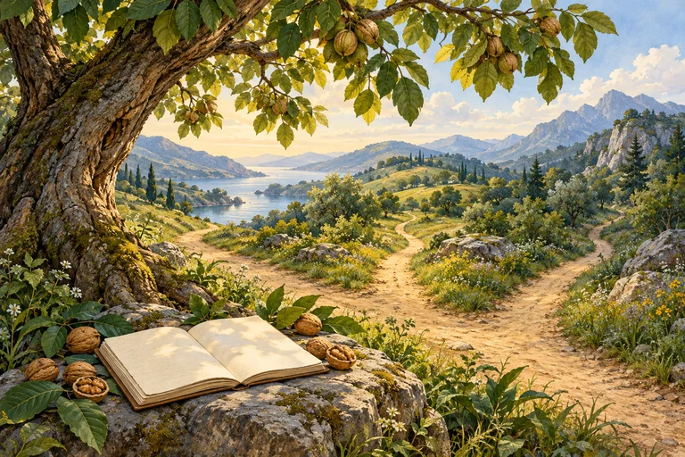 Un cuaderno abierto y nueces al pie de un nogal, junto a tres senderos que se separan.