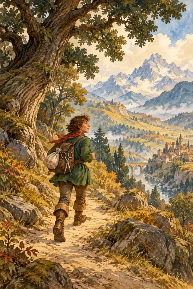Un joven sastre recorre un sendero hacia las montañas con sus herramientas.