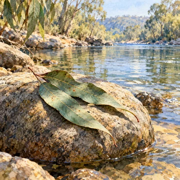 Imagen simbólica: Dos hojas de eucalipto sobre una piedra al borde del río, con sombras suaves.