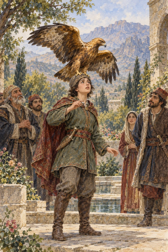 Un águila real se posa sobre la cabeza de la princesa vestida de caballero, ante los asistentes reunidos en el parque.