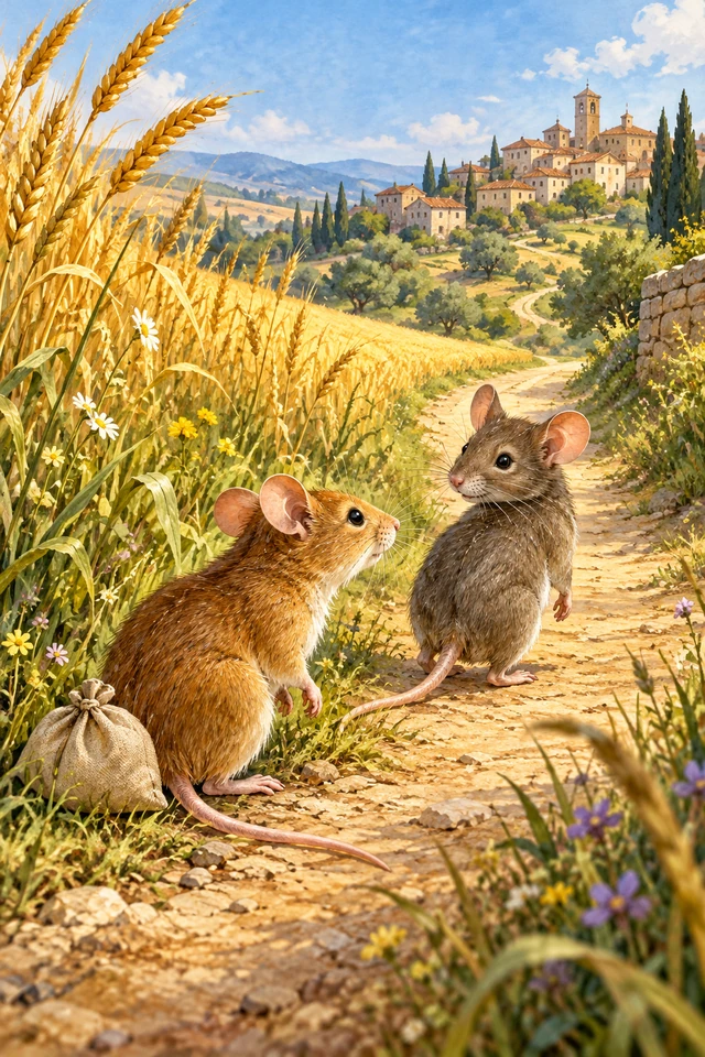 Dos ratones se miran en un sendero entre espigas que conduce a una ciudad; una pequeña bolsa descansa junto al ratón de campo.