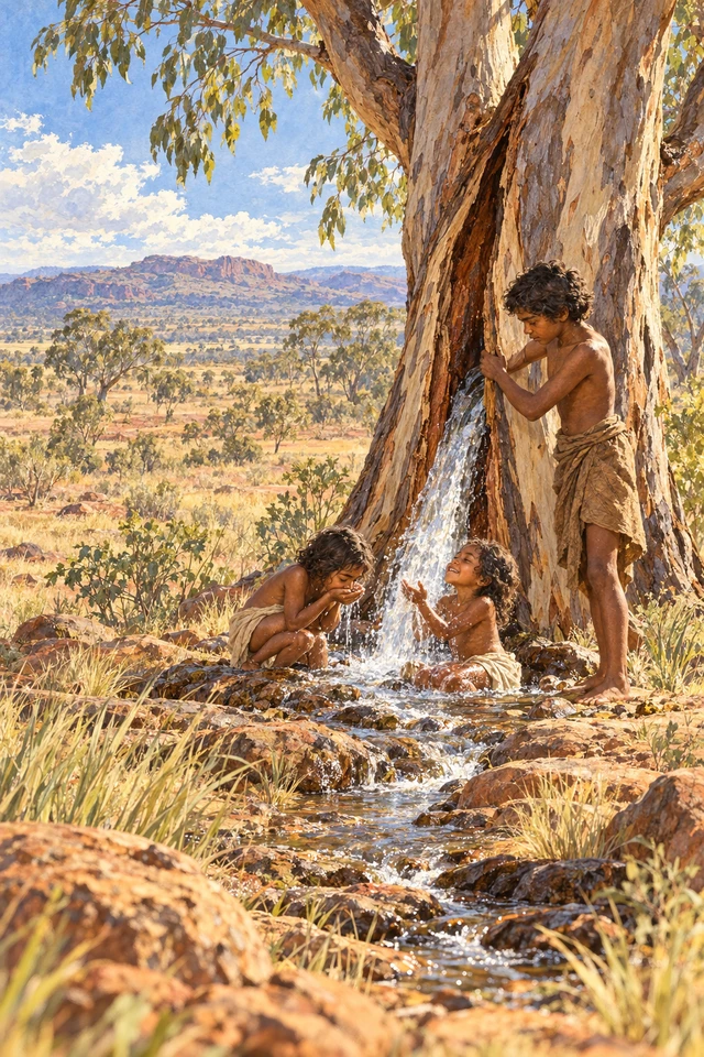 El hermano mayor abre el goolahgool y los dos pequeños Cookooburrah beben el agua que sale del tronco.