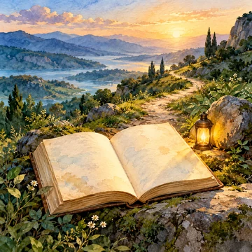 Imagen simbólica: Dos hojas de un libro, un camino y una pequeña luz junto a una piedra.