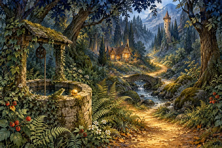 Un sendero dorado atraviesa un bosque encantado entre un pozo, una casa y una torre.