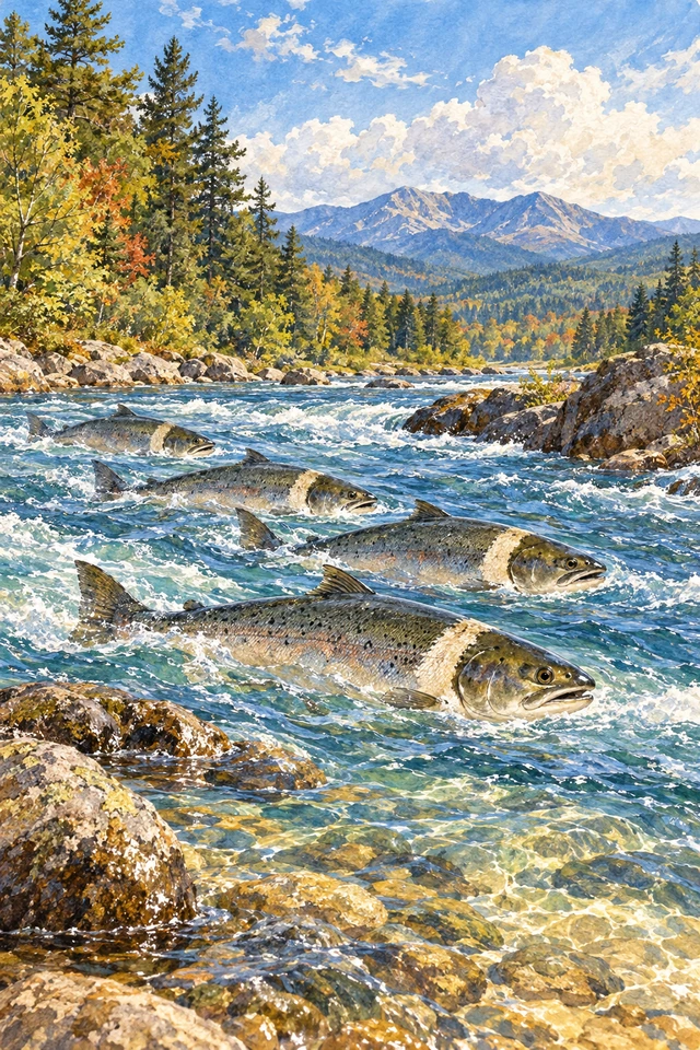 Cuatro grandes peces con marcas claras detrás de la cabeza nadan río abajo entre corrientes azules.