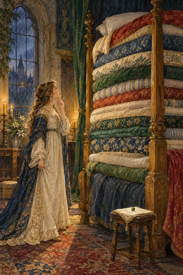 Una princesa contempla una pila altísima de colchones y un pequeño guisante.
