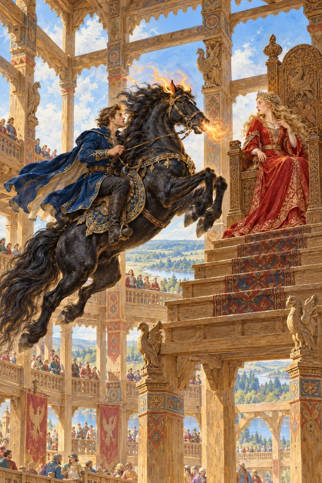 Iván salta en su caballo mágico hacia el alto trono de la princesa Elena.