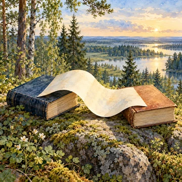Ilustración simbólica: Dos libros unidos por una hoja desplegada junto a un bosque.