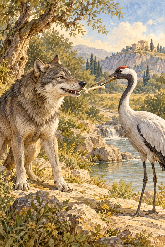 Una grulla sostiene el hueso que acaba de sacar de la boca de un lobo.