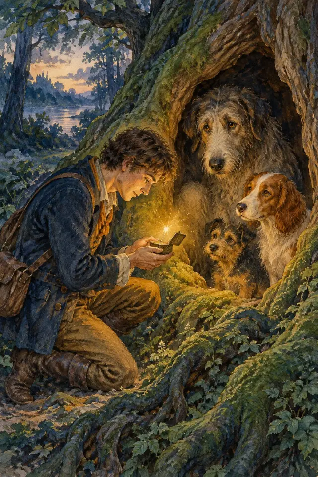 Un soldado descubre la luz de un encendedor ante tres perros de un árbol encantado.