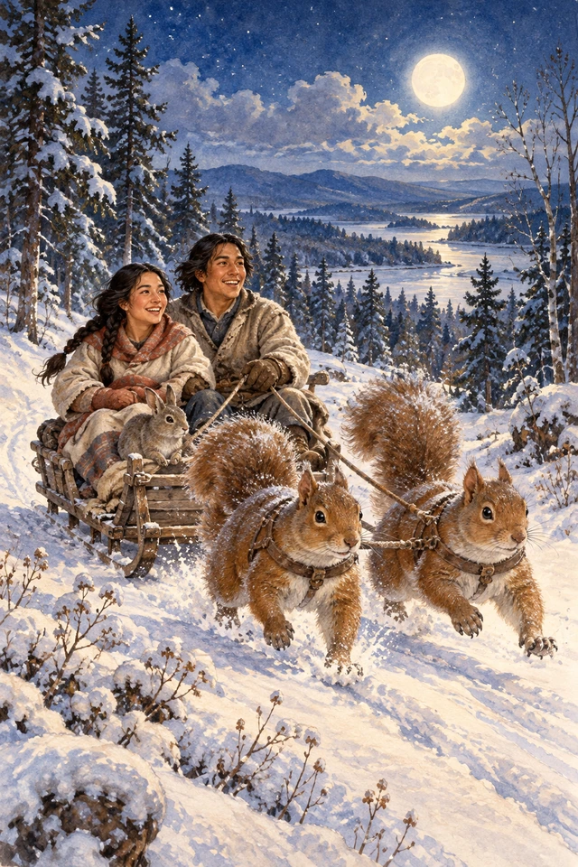 Dos ardillas enormes tiran de un trineo con una pareja y un conejo bajo la luna del bosque nevado.
