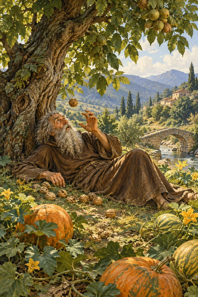El filósofo despierta bajo el nogal al caer una nuez, junto a las plantas de calabazas y melones.