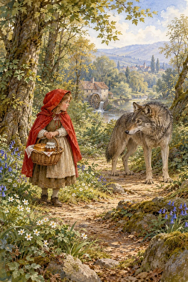 Caperucita, con su capucha roja y una canasta, encuentra al lobo en un sendero del bosque.