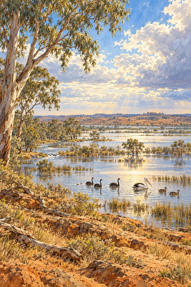 Cisnes negros, un pelícano y patos llegan a las hondonadas llenas de agua que forman el lago Narran.