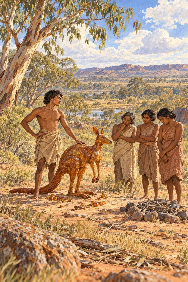 Goolahwilleel muestra el canguro de goma de acacia que modeló mientras su familia esperaba carne para comer.