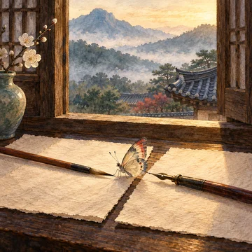 Ilustración simbólica de la traducción de James Scarth Gale: un pincel, una pluma y una mariposa sobre dos hojas ante un paisaje coreano.