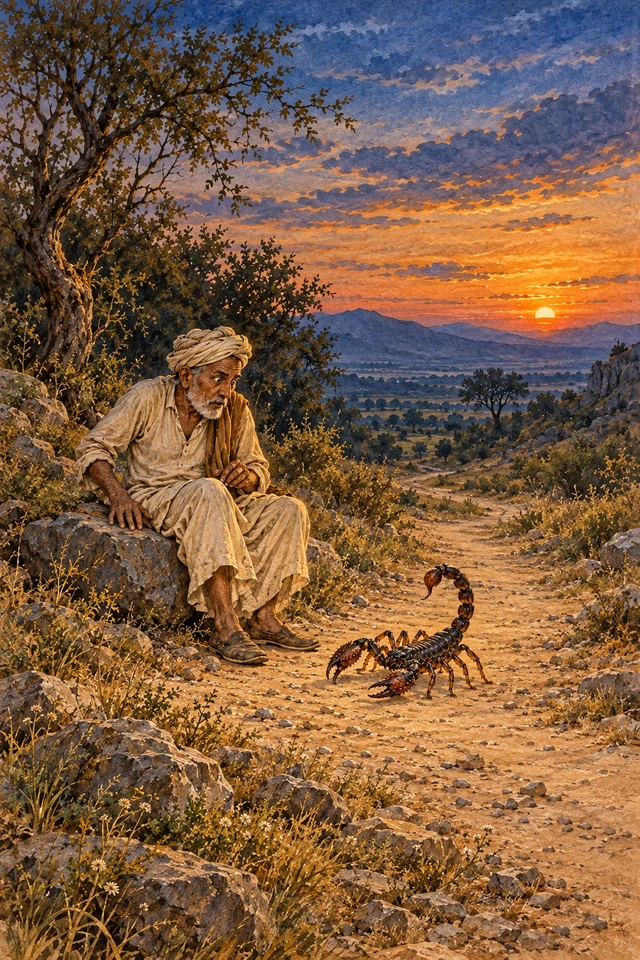 Un anciano observa sorprendido a un escorpión del tamaño de un gallo junto al camino.