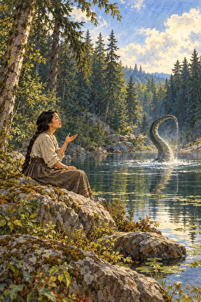 Una mujer canta junto a un estanque mientras la cola de una enorme serpiente aparece entre la espuma.