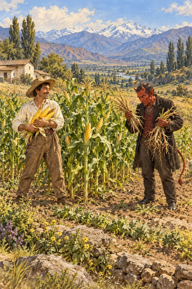 Un campesino conserva las mazorcas mientras el diablo recibe raíces y puntas del maíz.