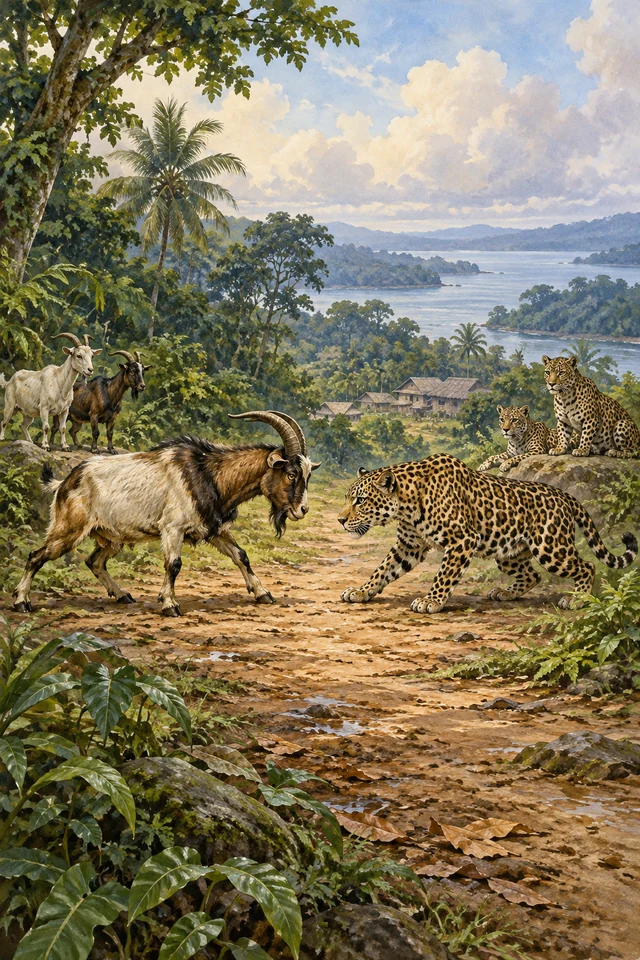 Una cabra y un leopardo se preparan para luchar mientras otros animales observan el torneo.