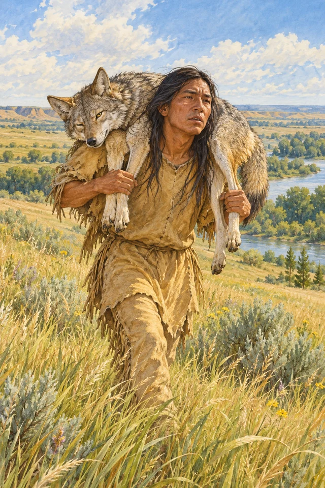 Iktomi lleva sobre los hombros a un coyote que entreabre un ojo mientras atraviesan la pradera.
