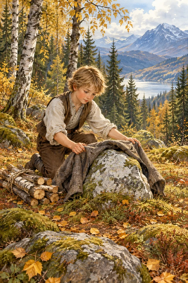 Un chico abriga con su chaqueta una piedra blanca junto a la leña que recogió.