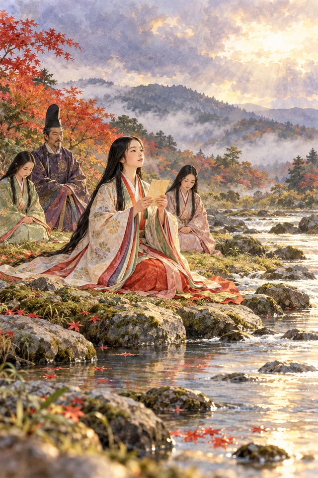 La princesa Hase recita su poema junto al río Tatsuta, que empieza a calmarse.