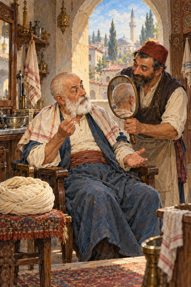 Nasrudín, con la cabeza afeitada, mira el espejo y discute el precio con el barbero.