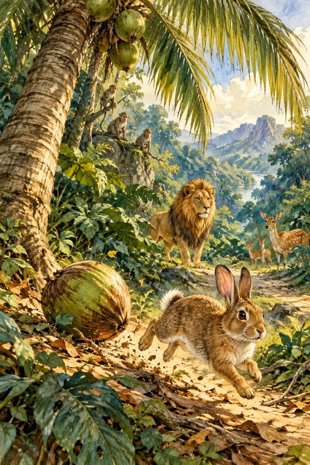 Un conejo salta junto a un coco caído mientras un león observa a lo lejos.