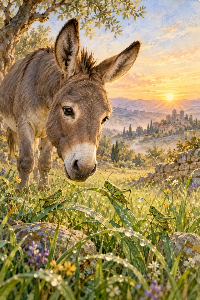 Un burro escucha a unos saltamontes entre hierbas cubiertas de rocío.