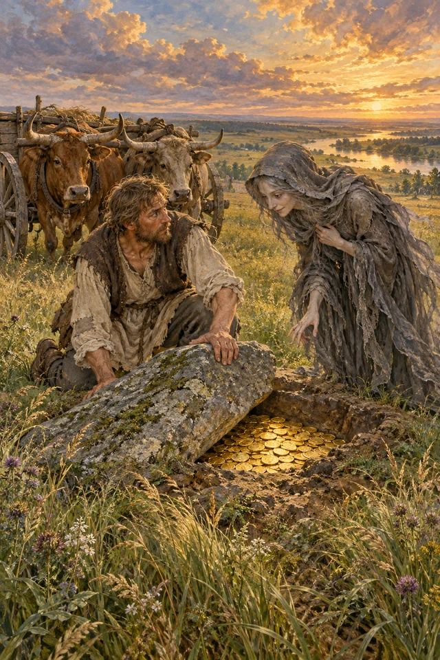 El campesino y la Desdicha encuentran el oro bajo una gran piedra junto al carro de bueyes.