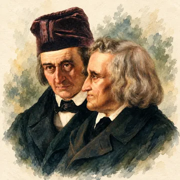 Retrato ilustrado de Wilhelm y Jacob Grimm, uno de frente y otro de perfil.