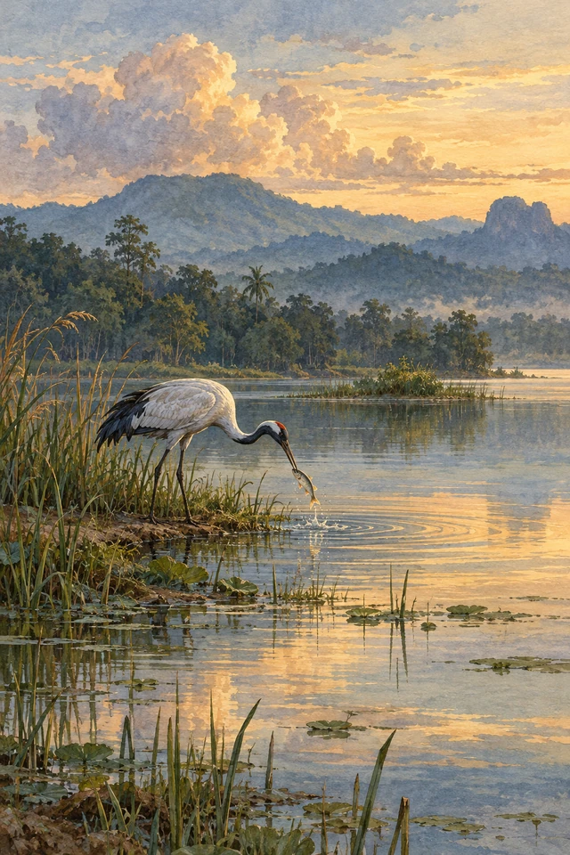 Una grulla deja escapar a un pez vivo junto a la orilla de un lago.