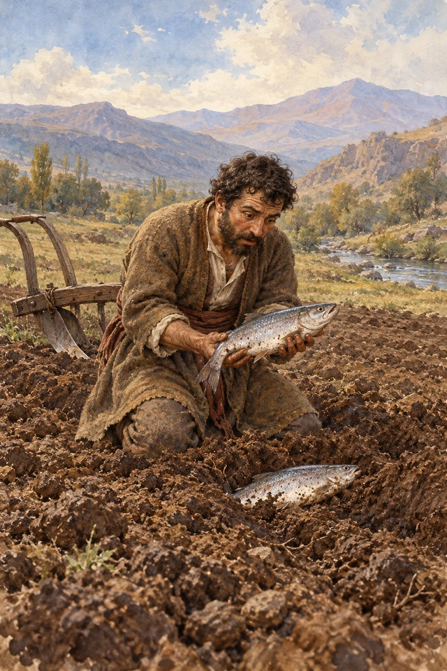 Serkis descubre peces entre los surcos de su campo y los recoge con asombro.