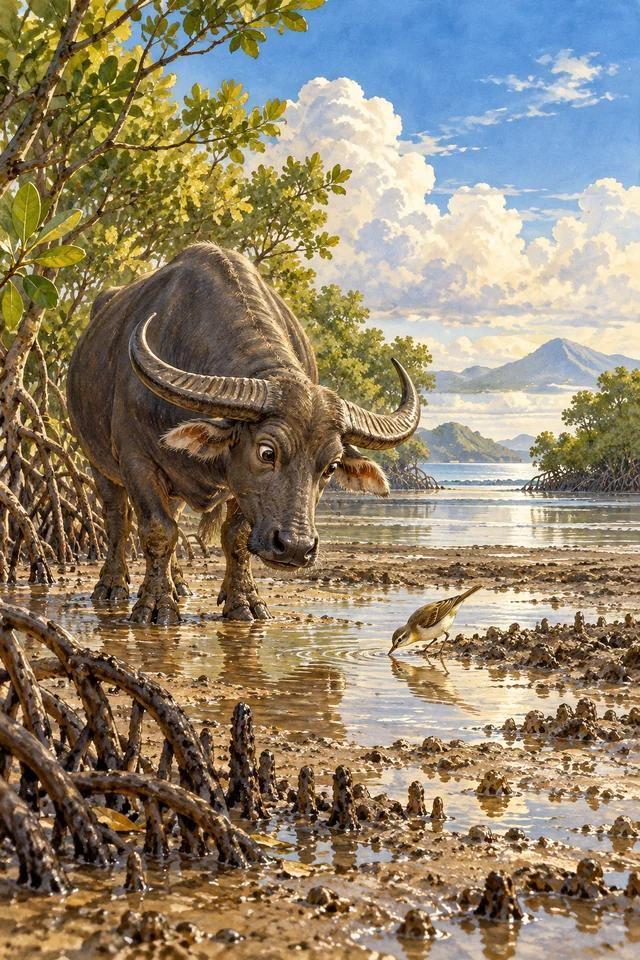 El carabao observa al pequeño pájaro junto al río mientras baja la marea.