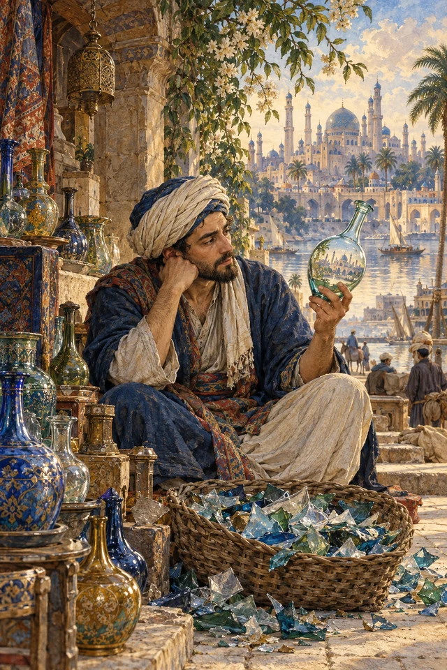 Un vendedor contempla una botella junto a una cesta de cristales rotos.