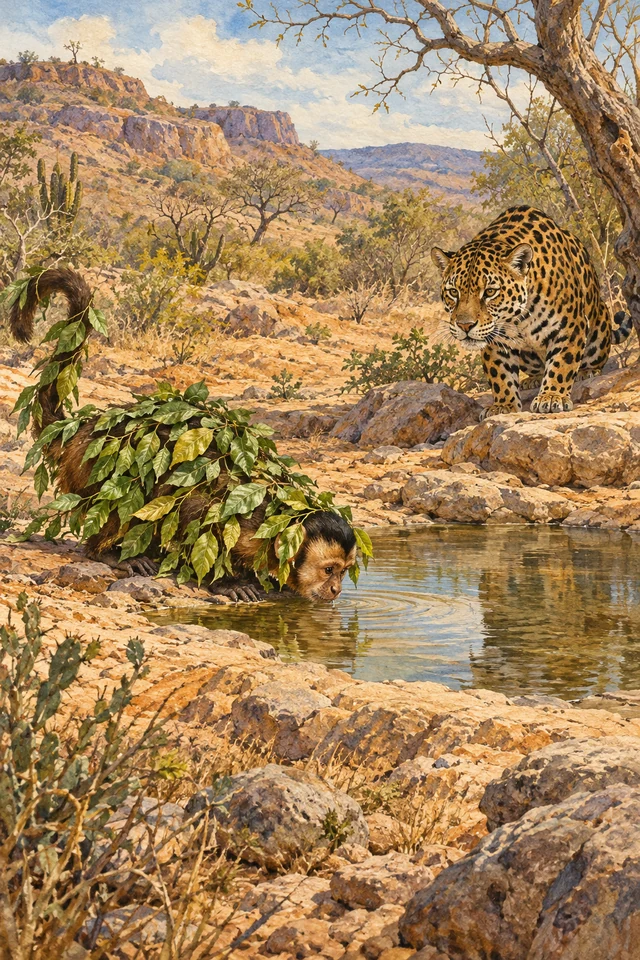 El mono cubierto de hojas bebe agua mientras la yaguareté observa su extraño disfraz.