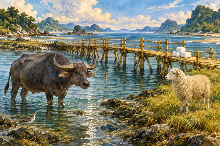 Un carabao y un pájaro junto al agua, una oveja en la orilla y un puente de bambú con ladrillos blancos de sal.