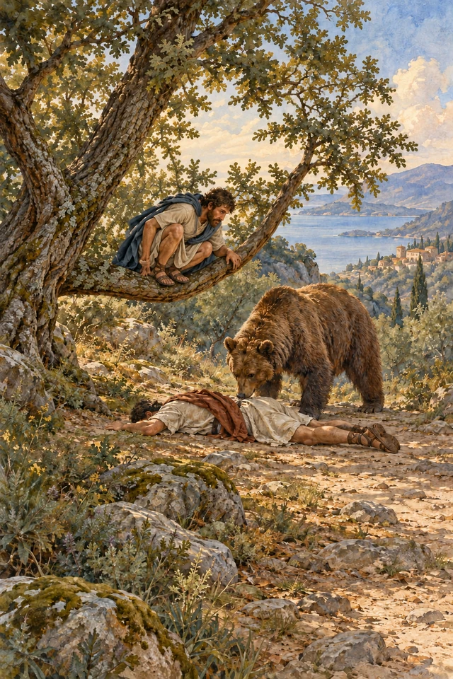 Un oso olfatea a un viajero tendido en el suelo mientras su compañero se esconde en un árbol.