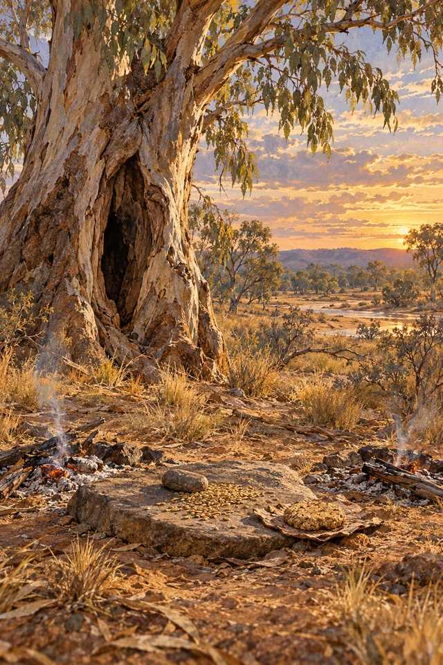 Una torta de semillas y la piedra de moler de Gooloo quedan junto al árbol hueco donde ocultó a los niños.