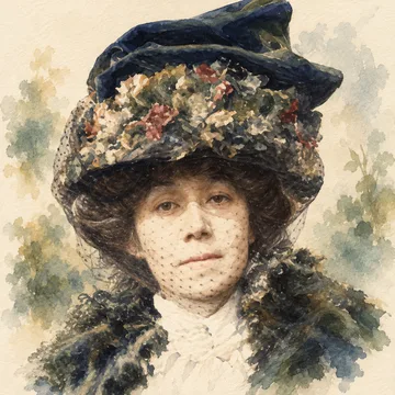 Retrato ilustrado de Yei Theodora Ozaki con un sombrero adornado y un velo.