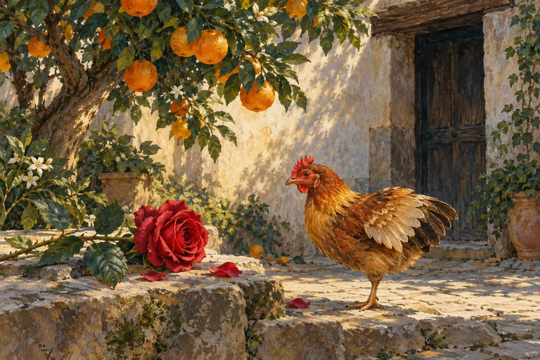 Un naranjo da sombra a un patio, con una rosa roja sobre una piedra y un pequeño pollo apoyado en una pata.