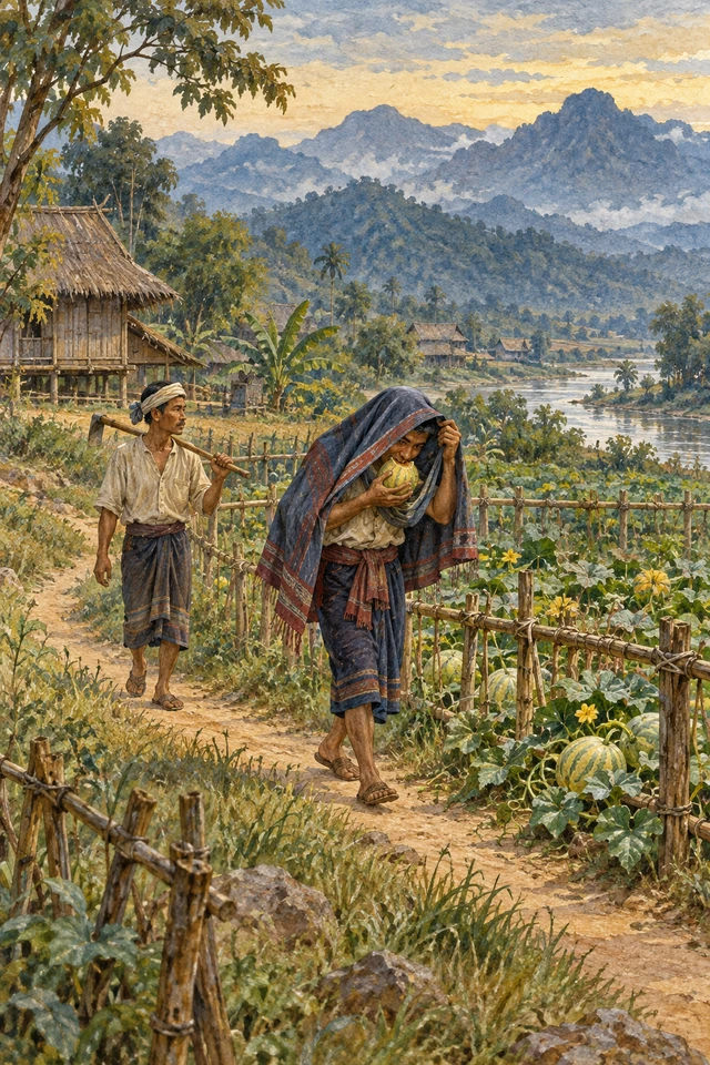 El ladrón come a escondidas el melón bajo su pañuelo mientras el horticultor camina detrás.