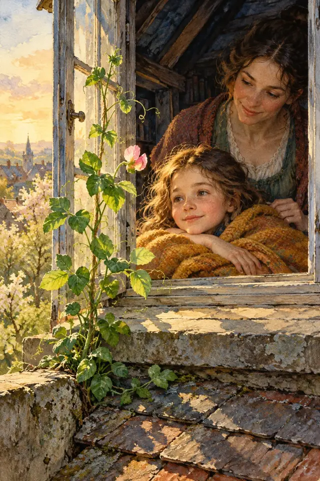 Una niña y su madre miran una planta de guisante que florece junto a la ventana.