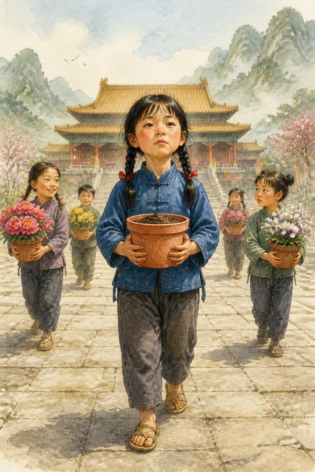 Una niña camina con una maceta de barro vacía entre las manos por un sendero hacia un palacio chino, entre otros niños que llevan macetas con flores.