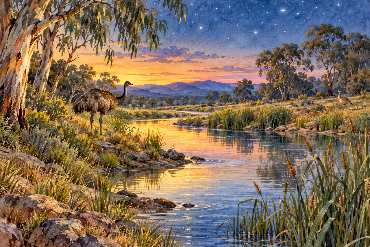 Un emú y una avutarda junto a un río entre juncos, bajo las primeras estrellas.