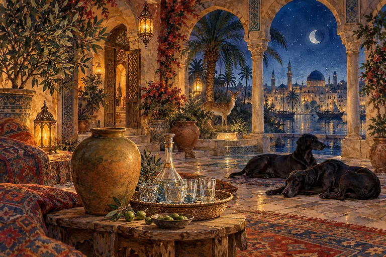 Una vasija de aceitunas, piezas de vidrio, dos perros negros y una cierva en un patio iluminado de noche.
