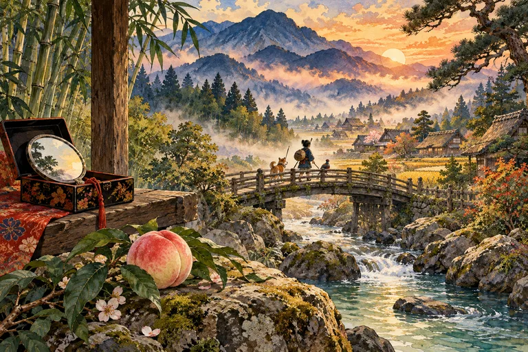 Un durazno y un espejo junto a un arroyo y un puente hacia una aldea japonesa.