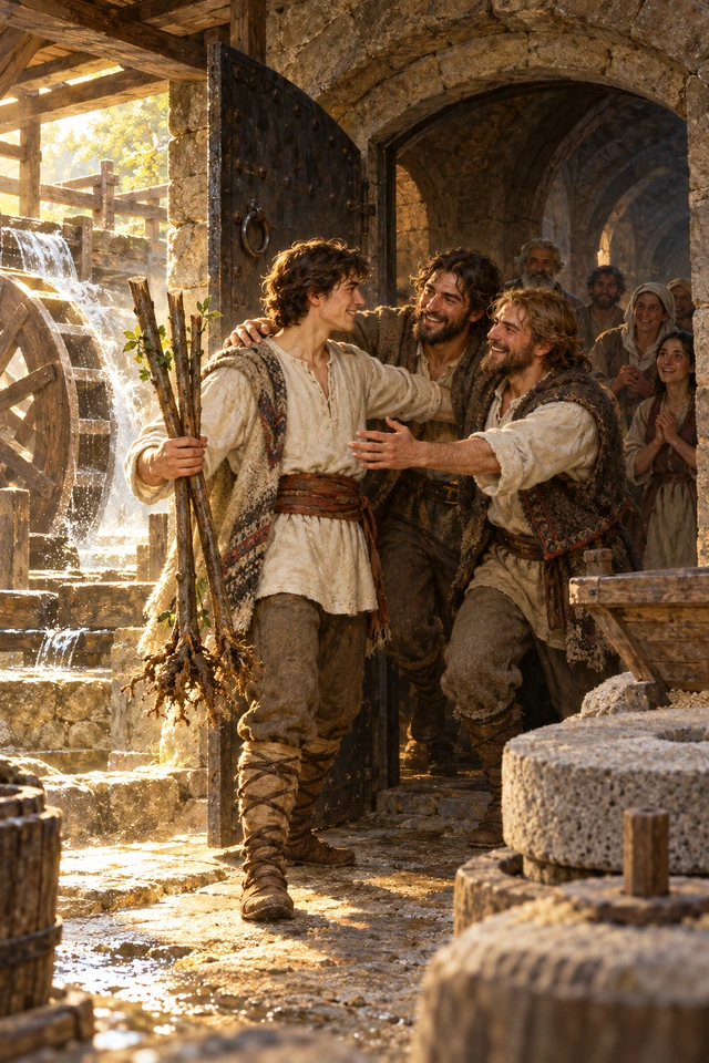 El príncipe sostiene tres varas y abraza a sus hermanos ante la puerta abierta de la bóveda del molino.