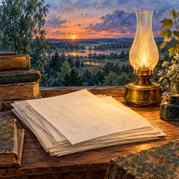 Ilustración simbólica: Hojas ordenadas y una lámpara junto a una ventana al crepúsculo.